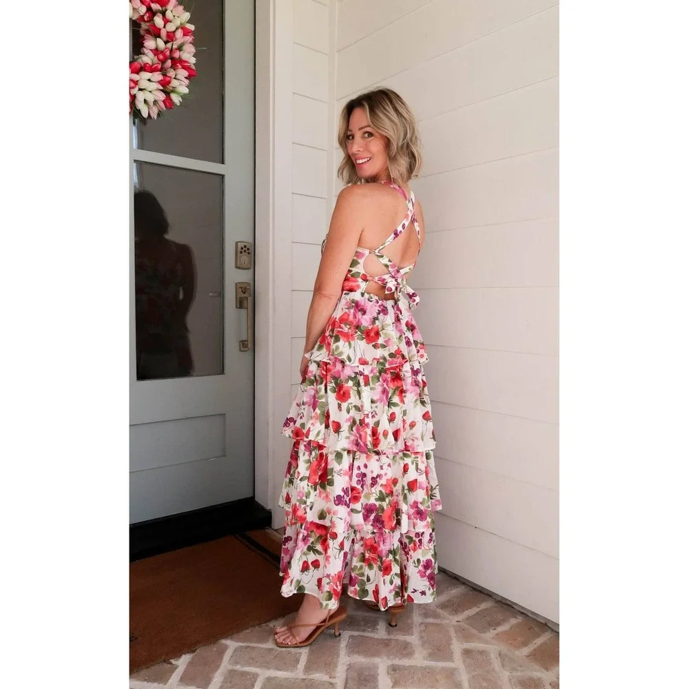 Abercrombie & Fitch Maxi Dress Women Small White Floral Tiered Tie Back Romantic